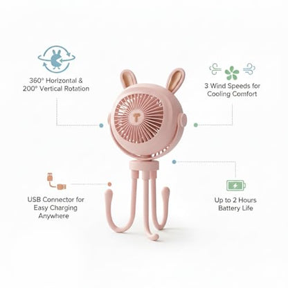 Stroller Fan for Baby with LED Light – Portable Clip-On Fan with Flexible Tripod Legs, USB Rechargeable, 3 Speeds, 120 Minutes Battery Life, Quiet Cooling for Travel, Nursery & Car Seat - color: PINK