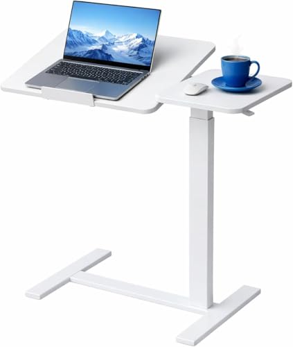 WSA Adjustable Standing Desk with Wheels Pneumatic Height Adjustable Rolling Laptop Desk Tiltable Mobile Computer Workstation Overbed Bedside Table for Home Office Sofa & Hospital Bed (White) - color: White