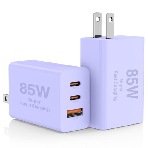 2Pack 85W USB C Wall Charger Block, 3-Port USB C Charging Adapter 100W Type C Super Fast Charging Power Plug Cube for MacBook Pro/Air,i-Pad Pro,i-Phone 17/16/15, Galaxy S25,and More - color: Purple+Purple