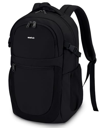 ECOHUB Travel Backpack for Men Women, 17.3 inch Suspended Laptop Backpack, Fashion Water-Resistant 28L Personal Item Bag with 12 Pockets for Causal, Work, Black - color: Black