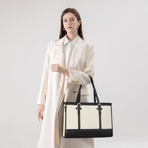 Keyli 3pcs Laptop Bag for Women,15.6 Inch Canvas Tote Bag Work Bags Large Business Computer Briefcase Shoulder Handbag Purse - color: S-black+khaki