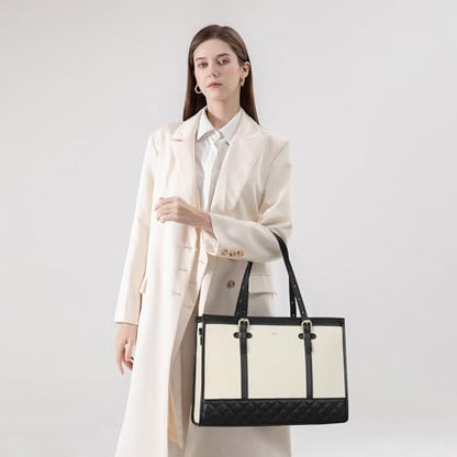 Keyli 3pcs Laptop Bag for Women,15.6 Inch Canvas Tote Bag Work Bags Large Business Computer Briefcase Shoulder Handbag Purse - color: S-black+khaki