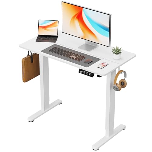 Small Electric Standing Desk, 40" ×20" White Standing Table, Height Adjustable Compact Sit Stand Desk with Splice Board, Home Office Table with 2 Hooks - color: Pearl White, size: 40"