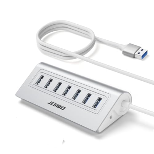 USB Hub 3.0, JESWO Aluminum 7 Port USB 3.0 Hub with 3.3Ft Cable, USB Splitter with 7-USB3.0 Data Ports Compatible with MacBook, Laptop,Surface Pro, PS5, PC and More (No Power Adapter Included)