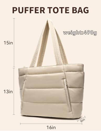 Puffer Tote Bag for Women, Nurse, Large Quilted Shoulder Bag with Cup Holder & Laptop Compartment for Work, Travel, Gym - color: Camel