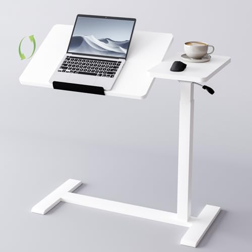 Adjustable Overbed Bedside Table with Wheels Pneumatic Mobile Standing Laptop Desk Rolling Computer Cart Movable Couch Desk Hospital Home Use, White - color: White