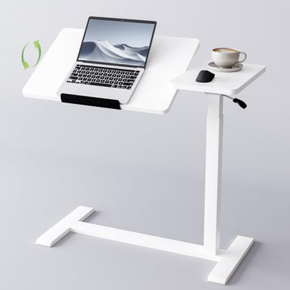 Adjustable Overbed Bedside Table with Wheels Pneumatic Mobile Standing Laptop Desk Rolling Computer Cart Movable Couch Desk Hospital Home Use, White - color: White