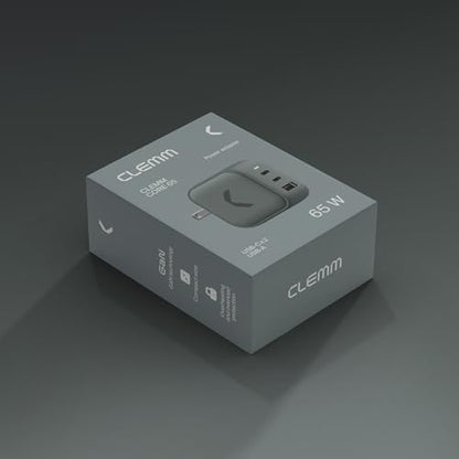 CLEMM Core USB-C, USB-A Wall Charger Block Power Adapter for MacBook, iPhone 17/16/15/14/13/12/11/X, Galaxy S24 Ultra/S23 65W Output Fast Charging, Foldable, GaN, PPS, 3.0, 3-Ports, Compact, Gray
