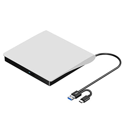 ROOFULL External CD DVD Drive for Mac Laptop USB 3.0 & USB-C | With Carrying Case, Portable CD DVD Burner Reader Writer Player ROM+/-RW Disc Drive for Apple MacBook Windows PC Computer - style: 2 In 1 Drive (White) + Carrying Case