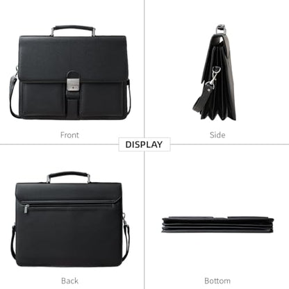 Mens Leather Briefcases Office Attorney Attache Case Ideal Gift Messenger Bag w/Padded Compartment,Black - color: Black - Fits 14" Laptop