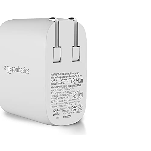 Amazon Basics 65W One-Port GaN USB-C Wall Charger with Power Delivery PD, Foldable Plug, Portable, Fast Charging for Laptops, Tablets & Phones, Non-PPS, White - color: White, style: 65W (1 USB-C)