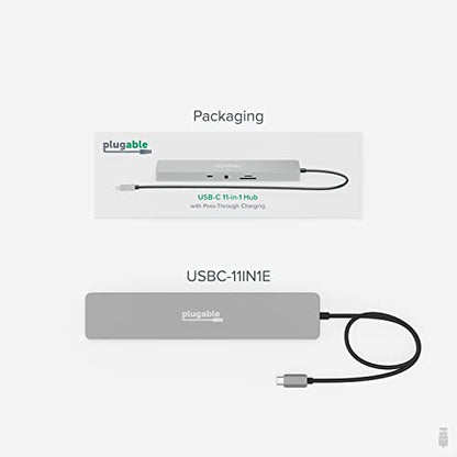 Plugable 11-in-1 USB-C Hub, 100W USB-C Pass-Through, Laptop Docking Station Dual Monitor, 4K 60Hz HDMI, Driverless, Compatible with Thunderbolt, Windows, Chromebooks, Not Recommended for Mac