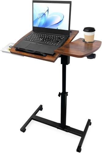 Medical Adjustable Overbed Bedside Table with 2 Tilting Desktops Teacher Podium Laptop Computer Cart Mobile Laptop Desk with Cup Holde,Drawer,Wheels for Office, Home and Classroom (Brown) - color: Brown-fbm