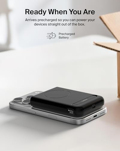 Belkin 10000mAh Qi2.2 25W MagSafe Power Bank w/Kickstand & Display | Wireless Charging Battery Pack, iPhone 17, Air, Pro, Pro Max, Google Pixel 10, Digital Battery Display, Magnetic - color: Black