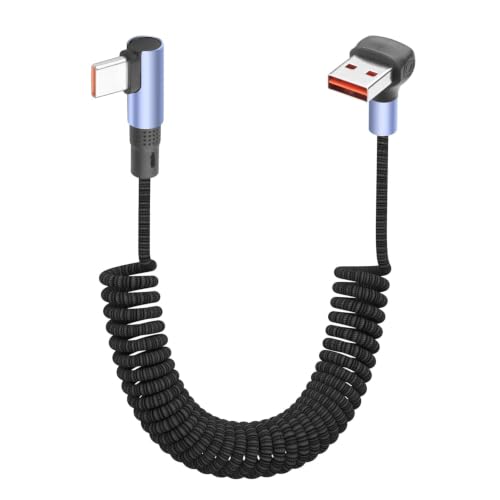 YACSEJAO 100W Coiled USB A to USB C Cable Right Angle,4.9FT Retractable 90 Degree USB Type C Fast Charging Cord, 6A Spiral Nylon Braided Reversible Plug for Phone/Laptop/Auto (Right Angle) - style: Right Angle