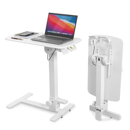 Mount-It! Overbed Table with Wheels, Folding Adjustable Height White | Foldable Bedside Tray Table on Wheels, No-Assembly Over Bed Laptop Desk, Folds Flat for Storage, Ultra-Low Base - color: White