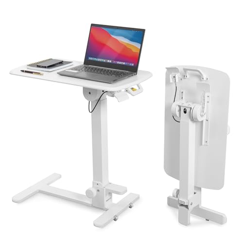 Mount-It! Overbed Table with Wheels, Folding Adjustable Height White | Foldable Bedside Tray Table on Wheels, No-Assembly Over Bed Laptop Desk, Folds Flat for Storage, Ultra-Low Base - color: White