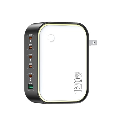 120W GaN USB C Charger, 6-Port Fast Charging Block with Night Light, PD 100W Wall Charger for MacBook Pro/Air, iPhone 17/16/15 Series, iPad, Laptop - Ultra-Compact Travel Charger for Home and Office