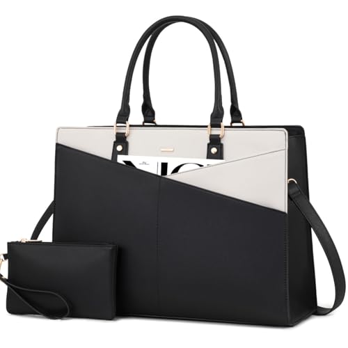 LOVEVOOK Laptop Tote Bag for Women, Waterproof Leather Business Office Work Bag Computer Briefcase with Small Clutch fit for 17.3 Inch Laptop,Black-Beige - color: A-black-beige, size: 17.3 inch
