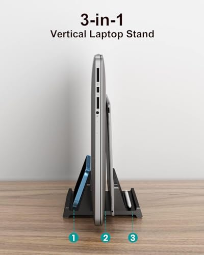 Adjustable Vertical Laptop Stand for Desk, Compatible with 11-Inch to 17.3-Inch Laptops, iPad, iPhone, MacBook Pro/Air, Dell, HP, Lenovo, Asus - 3 in 1 Design Computer Stand (Black) - color: Black