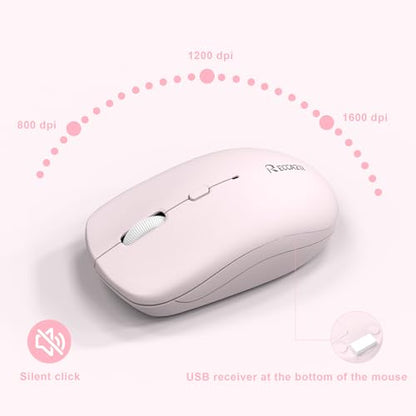 Wireless Keyboard and Mouse Combo, Reccazr 2.4G Full-Sized Keyboard and Mouse Cordless, 3 DPI Adjustable Mouse, Dual-System Keyboard for Computer/Laptop/Windows/Mac (Pink & White) | Silent 2.4G Full Size Cordless Keyboard with Tilt Legs,3-Level DPI Quiet