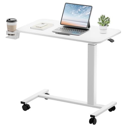 GTPLAYER Small Standing Desk with Lockable Wheels, Pneumatic Mobile Rolling Laptop Desk,Adjustable Height Overbed Bedside Table Computer Workstation for Home Office (32" W x 18" D, White) - color: White‑lockable, size: Large