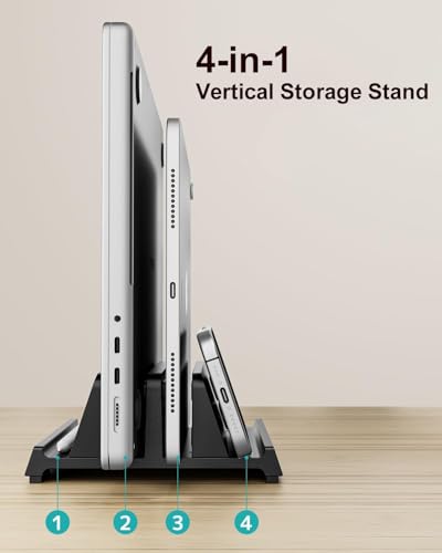 Vertical Laptop Stand for Desk, Dual Slots Plastic Laptop Holder with Space Saving 4-in-1 Design, Adjustable Width Supports MacBook, Chromebook, Surface, Dell (Black) - color: Black