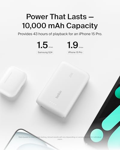Belkin 10000mAh 20W USB C Power Bank, Portable Charger for iPhone & iPad | Fast Charging, Integrated USB C Cable, Eatra USB C Port, iPhone 17, iPad, Samsung Galaxy S26, Charge 2 Devices - color: White, style: 10K mAh