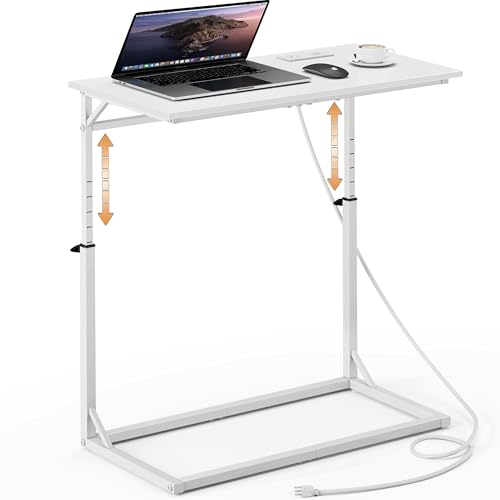 C Shaped End Table with Charging Station, C-Table End Table Adjustable Height Side Table for Couch, Large Couch Table, Slide Under Sofa Table TV Tray Arm Table for Living Room, Bedroom, White - color: White, style: With Plug