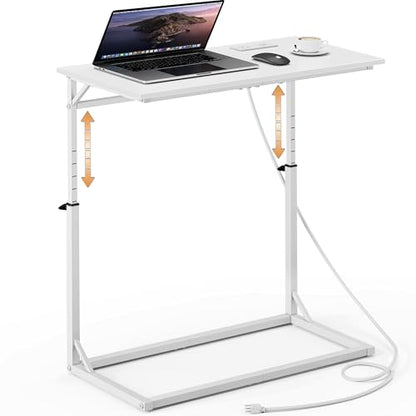 C Shaped End Table with Charging Station, C-Table End Table Adjustable Height Side Table for Couch, Large Couch Table, Slide Under Sofa Table TV Tray Arm Table for Living Room, Bedroom, White - color: White, style: With Plug