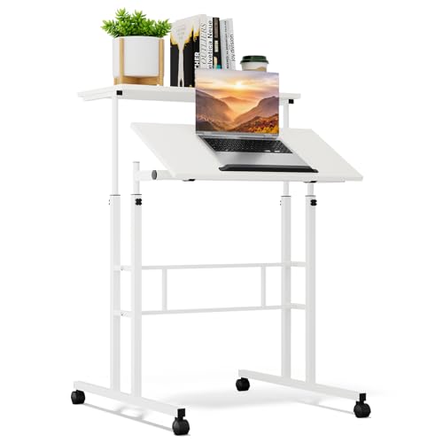 Athena Collection Rolling Standing Desk Small Mobile Table, White | 4 Lockable Wheels, Engineered Wood Split Top, Adjustable Height for Home Office Computer Workstation - color: White