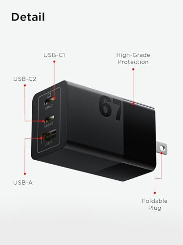 Lenovo 67W USB-C Charger, 3-Port Multi-Device Fast Charging, Advanced GaN Charger Block, Compact Fast Wall Charger, for MacBook Pro/Air, Dell XPS, iPhone 16 Series, Samsung Galaxy, and More - size: 3 Port - 67 W