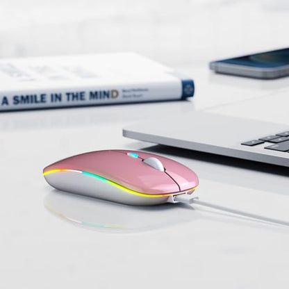 Wireless Bluetooth Mouse, Rechargeable, LED, Silent, Ultra-thin Design (Bluetooth 5.2 and 2.4GHz USB Receiver) | Portable Computer Mouse for Laptops, iPads, MacBooks and Apple Devices (Rose gold) - color: Rose gold