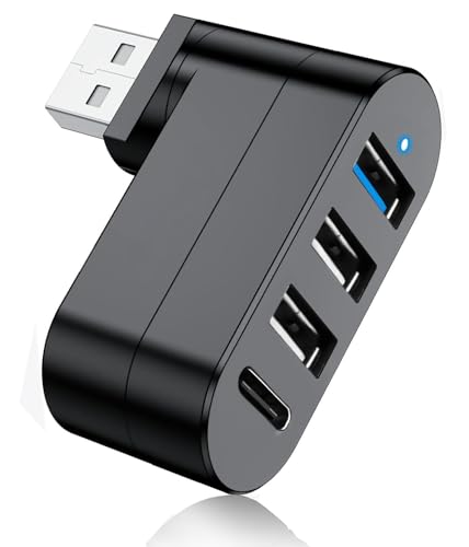 USB 3.0 Hub [90°/180° Degree Rotatable], 4-Port USB Splitter Extender with 3 USB Ports & 1 USB C Power/Data Port, USB Hub for Laptop, Car, MacBook Pro/Air/Pro