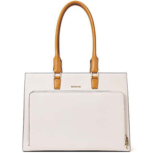 BOSTANTEN Leather Briefcase for Women Vintage 15.6 inch Laptop Bag for Women Business Tote Shoulder Handbag - color: Beige