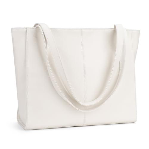 befen Genuine Leather Tote Bag for Women Work Travel Leather Purse Handbags | Real Leather, Padded 14" Laptop Compartment, Multi-Pockets, Zipper, Tote Bag for Daily - color: Beige White