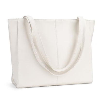 befen Genuine Leather Tote Bag for Women Work Travel Leather Purse Handbags | Real Leather, Padded 14" Laptop Compartment, Multi-Pockets, Zipper, Tote Bag for Daily - color: Beige White