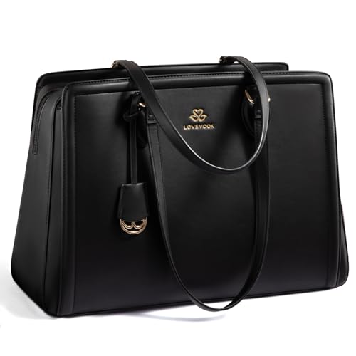 LOVEVOOK Laptop Bag for Women, Large Capacity Leather Computer Tote Bag, Waterproof Work Bags, Great Office Gifts for Women - color: Black, size: 15.6 Inch