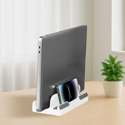 Adjustable Vertical Laptop Stand - Space-Saving Plastic Desktop Organizer for Notebooks & Tablets, White - color: White