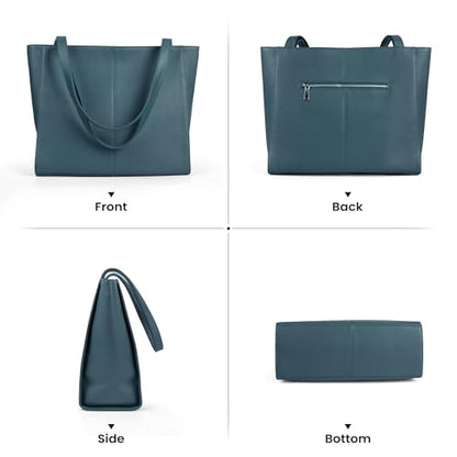 befen Genuine Leather Tote Bag for Women Work Travel Leather Purse Handbags | Real Leather, Padded 14" Laptop Compartment, Multi-Pockets, Zipper, Tote Bag for Daily - color: Teal Blue