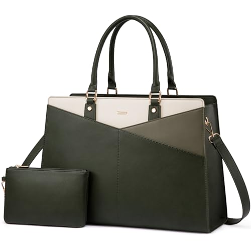 LOVEVOOK Laptop Tote Bag for Women, Leather Business Office Work Bag Computer Briefcase with Small Clutch fit for 15.6 Inch Laptop,Green-Beige-Grey Green - color: A-green-beige-grey Green, size: 15.6 inch