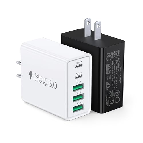 [2-Pack] USB C Wall Charger, 50W USB C Charger Block 5-Port PD Fast Charging Blocks + QC Power Adapter Brick Cube Multiport USB A Plug,Type C Cube for iPhone 17/16/15/14/13/12/Pro,Samsung,for Switch - color: Black and White