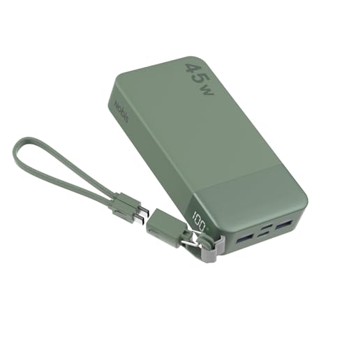 NOBIS Portable Charger 20000mAh 45W Power Bank w/Detachable Cable | 2C+2A Battery Pack w/Dual Type-C Cable, Battery Bank w/ Digital Display for Phone, Laptop, Steam Deck - color: Green