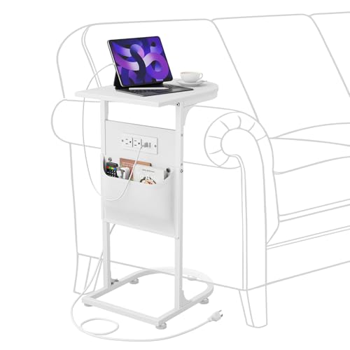 C Shaped End Table with Charging Station, Small Side Table for Couch, C Table Slides Under Sofa with Storage Bag, TV Tray Table for Recliner, Living Room, Bedside, Bedroom, Small Spaces, White - color: Charging Station White