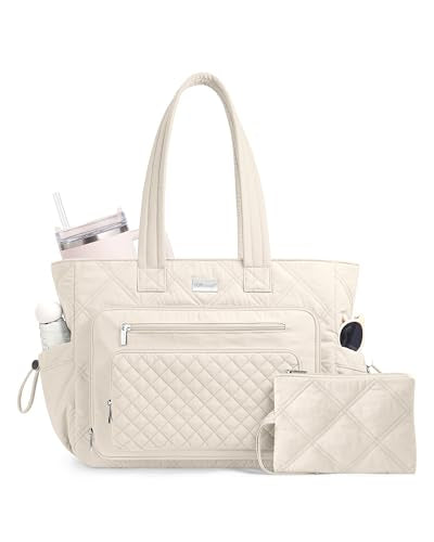 TOPDesign Puffer Laptop Bag for Women, Quilted Teacher Tote Nurse Work Briefcase, Computer Handbag with 40oz Cup Holder - color: Beige, size: 17.3 Inch