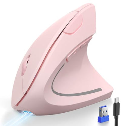 TECKNET Ergonomic Mouse, Rechargeable 2.4G+Bluetooth Vertical Mice 6 DPI Adjustable, Wireless Optical Carpal Tunnel Mouse Right Hand, Multi Device for Laptop, PC, Computer, MacBook, iPad - Pink - color: Pink
