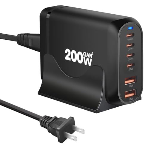 200W USB C Charger, 6 Ports USB C Fast Charging Station, GaN III PD QC Desktop Charger Block for Multiple Devices, Compatible with MacBook, DELL, Tablet iPad, iPhone, Samsung Galaxy, Black - color: Black