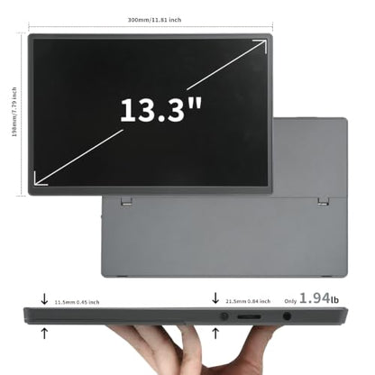 Portable Monitor, 13.3 Inch, 1200P IPS Display, Zero Frame, USB-C and HDMI, for Laptop, PC, Mac, PS, Xbox, Nintendo Switch - size: 13.3 Inch