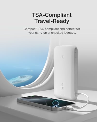 Belkin 20000mAh 30W USB C Power Bank, Portable Charger for iPhone & iPad | Fast Charging, Integrated USB C Cable, Eatra USB C Port, iPhone 17, iPad, Samsung Galaxy S26, Charge 2 Devices - color: White, style: 20K mAh