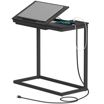 TUTOTAK Large C Shaped End Table, Side Table with Charging Station C Table | Tilting Laptop Stand with Storage, Computer Couch table for Living Room, Bedroom, Black TB01BK090 - color: Black, style: Plug